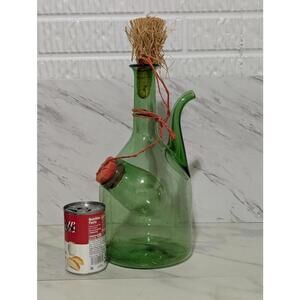 Vintage 60's Green Glass Decanter with Straw Stopper MCM Charm